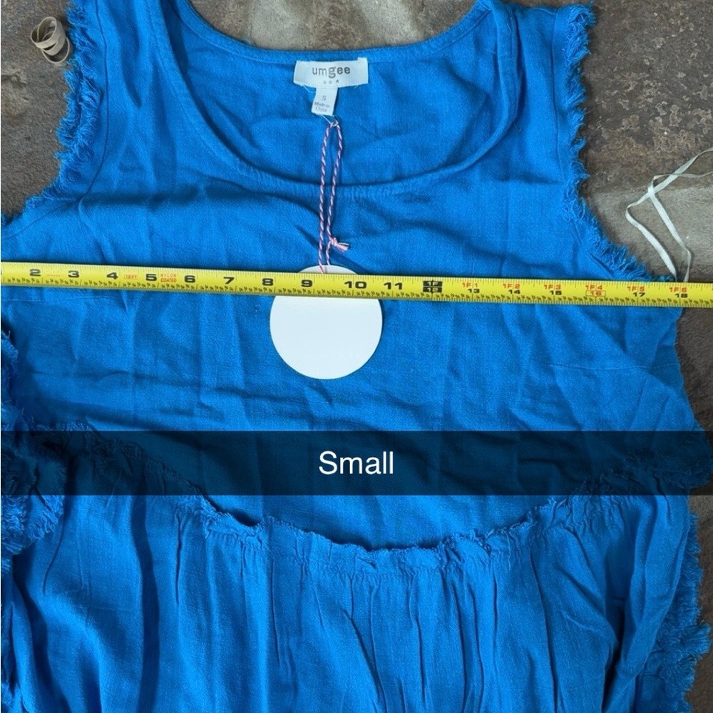 Umgee Blue Linen blend Ruffled Tank Top raw frayed hem flowy oversized - Picture 4 of 8